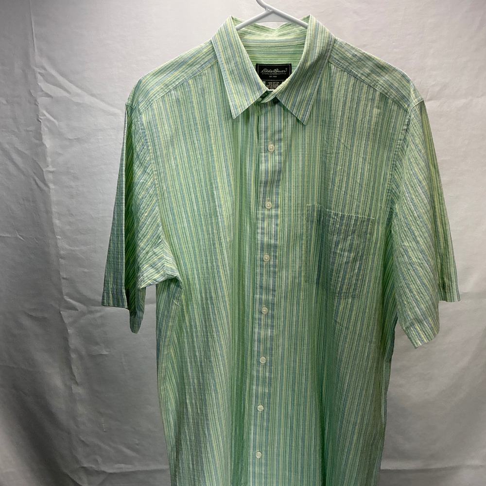 Eddie Bauer Striped Button Up Short Sleeve Shirt Green Blue‎ Yellow Tall Large
